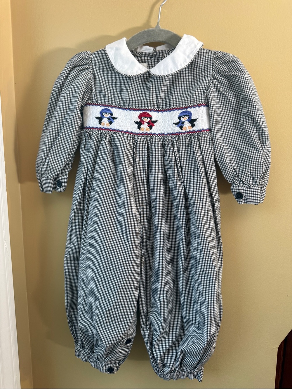 Vintage Strasburg Children Penguin Smocked Gingham Romper Longall 12M Unisex⁠